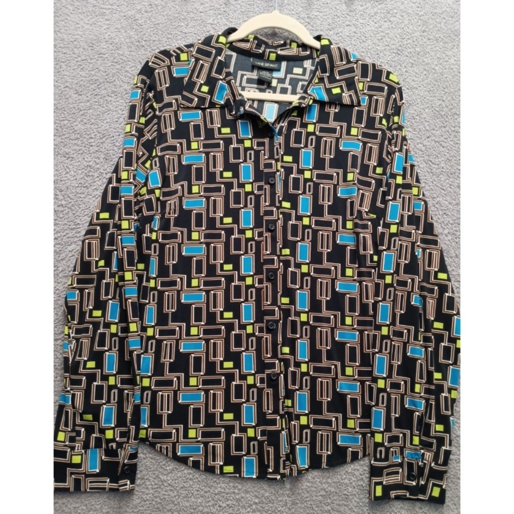 Lane Bryant Women's 14/16 Geometric Print Button Front Blouse‎ Shirt Black Multi